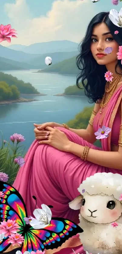 Woman in pink sari beside lake with butterfly and lamb.