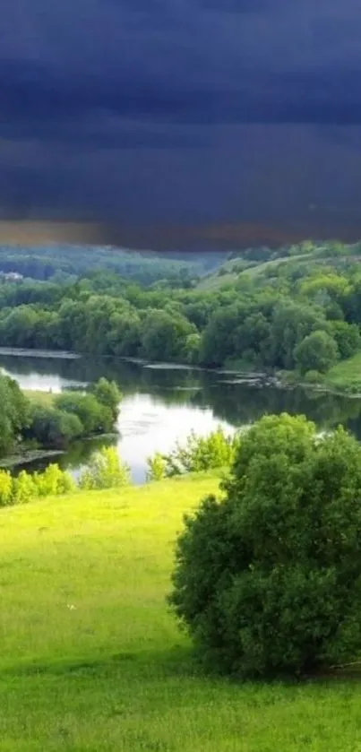 Lush green fields and river under a moody sky wallpaper.