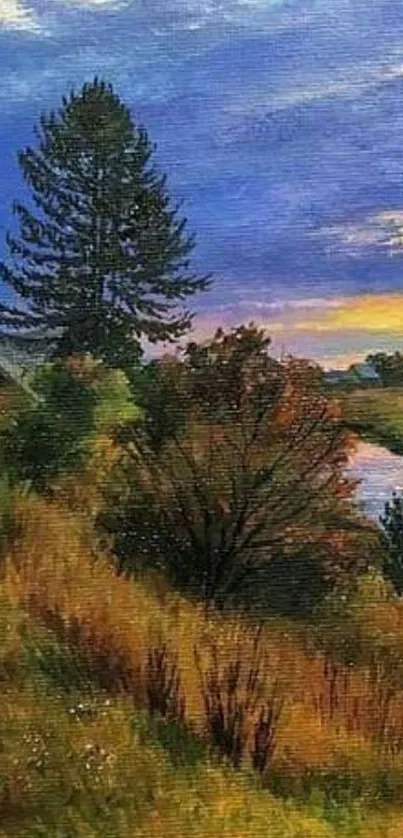 Serene landscape with sunset and river view in painting style.