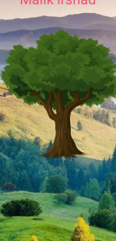 Mobile wallpaper of a lush green tree on a scenic mountain landscape.