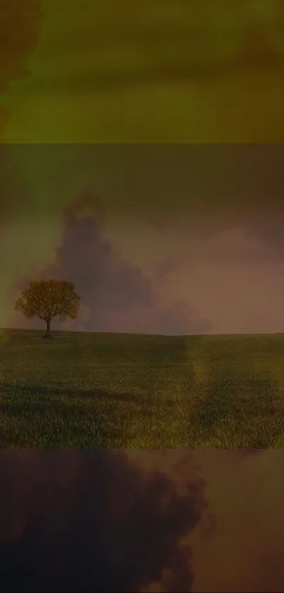 Solitary tree in a serene nature landscape with dramatic sky.