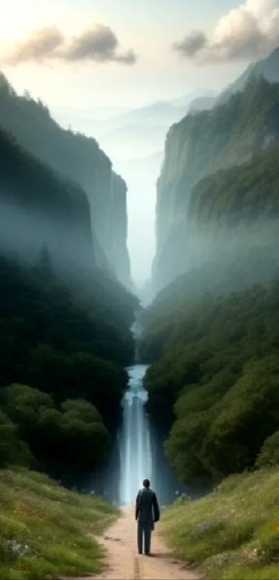 Lush green valley with waterfall.