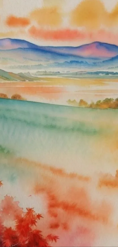 Colorful watercolor landscape of hills and sky.