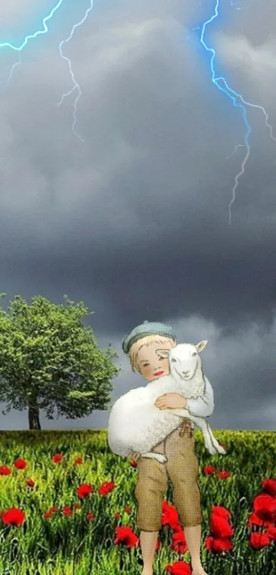 Boy with goat in a stormy, vibrant field landscape.