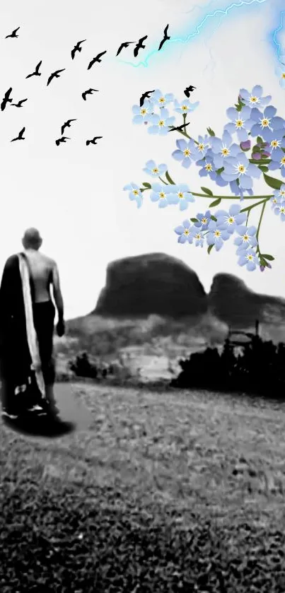 Monochrome landscape with blue flowers and wandering figure.