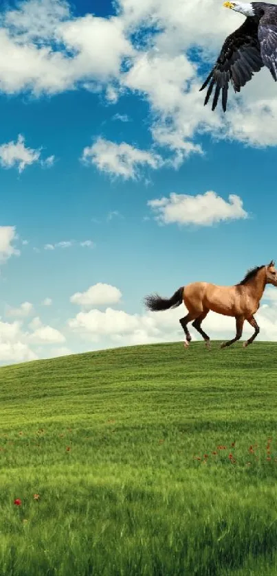 A serene green meadow with a horse under a blue sky.