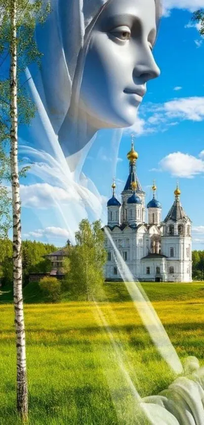 Statue and church in a serene landscape with green fields.