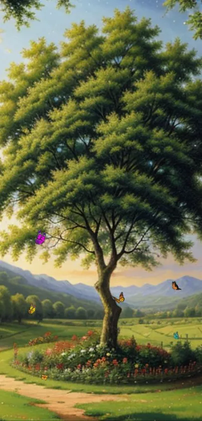 Serene landscape with large tree and butterflies in a green field.