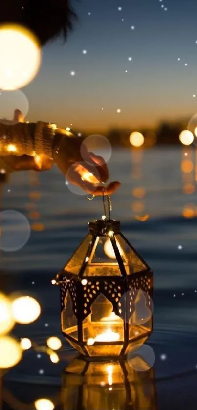 Lantern glowing over water in evening light.