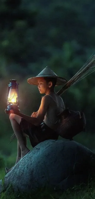 Child holding lantern in lush greenery at dusk, creating a serene atmosphere.