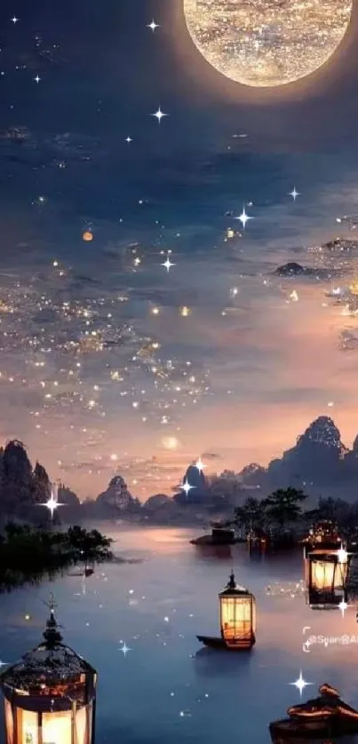 Starry night sky over a lake with lanterns.