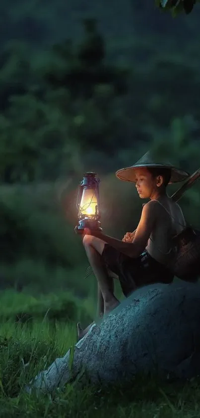 A serene night scene with a figure holding a lantern against a lush green backdrop.