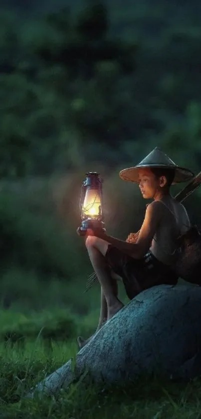 A boy with a lantern sits on a rock surrounded by green foliage.