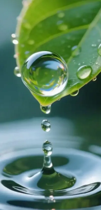 Water droplet on leaf above rippling water.