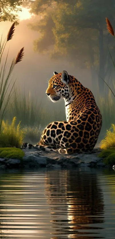 Leopard sitting peacefully by a serene lakeside.
