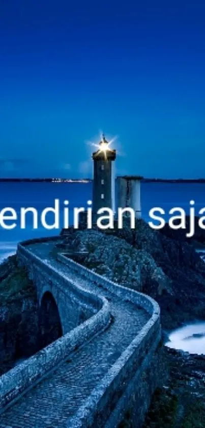 Serene lighthouse on coastal path during blue hour.