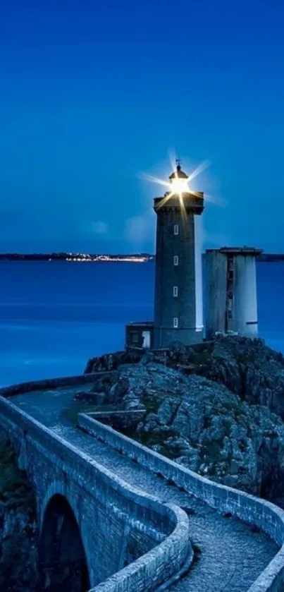 A lighthouse overlooking the ocean at dusk with a serene, calming view.