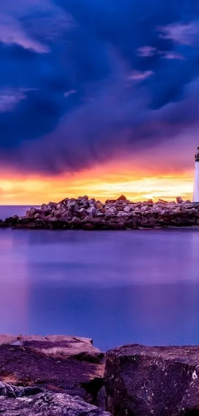 Serene lighthouse with vibrant purple sunset reflecting on the ocean.