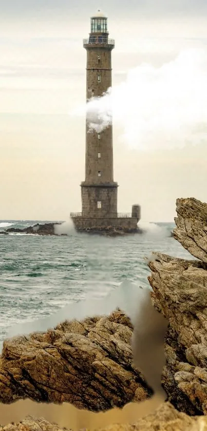 Lighthouse surrounded by ocean waves and rocky shore.