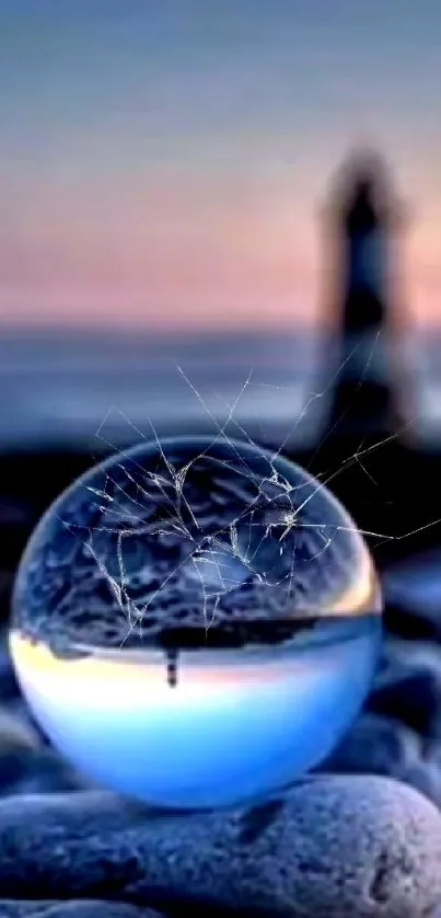 Lighthouse reflection in a glass sphere on pebbles at sunset.