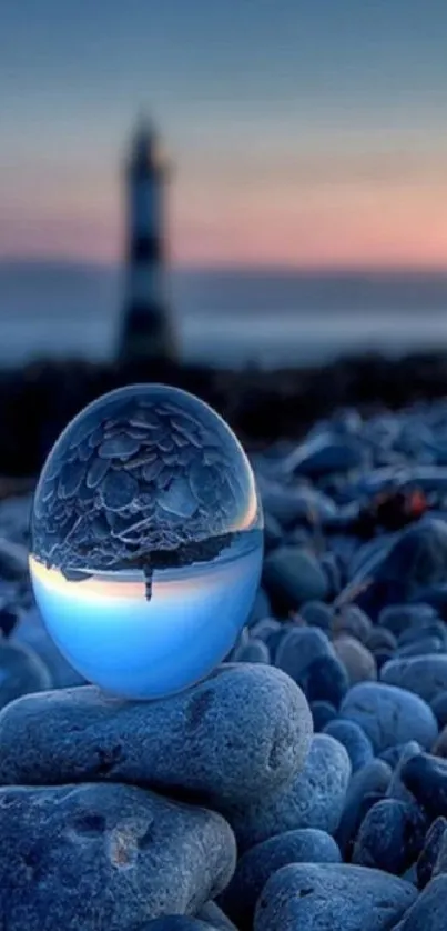 Crystal sphere on rocks with lighthouse reflection at sunset.