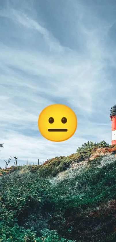Scenic lighthouse view with emoji in the sky on a calm landscape.