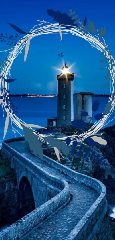 Enchanting lighthouse with mystical night ocean backdrop.