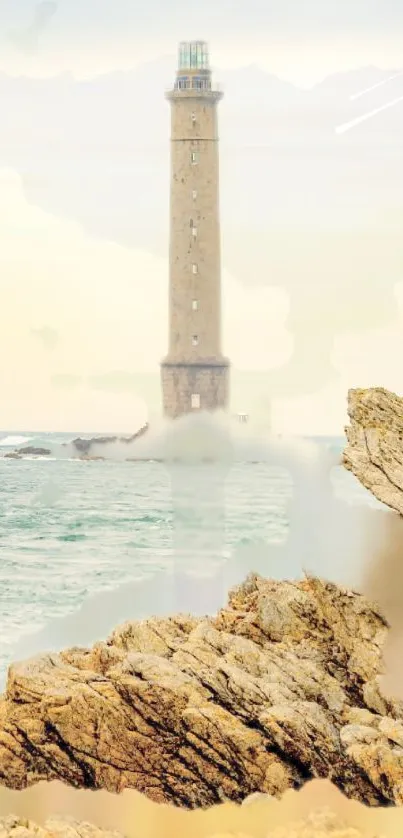 Wallpaper featuring a lighthouse with ocean waves and rocky shores.