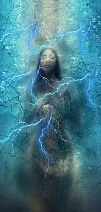 Ethereal underwater fantasy scene with blue lightning and serene figure.