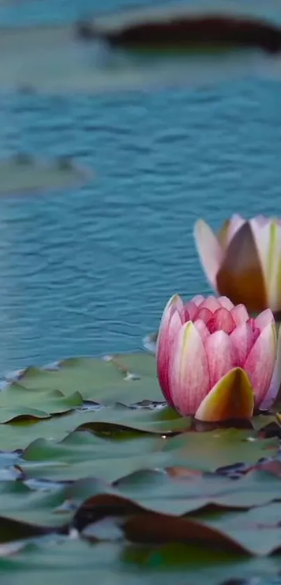 Serene water lilies floating on a tranquil blue pond.