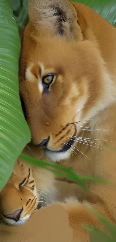 Serene lion and cub resting among green leaves in nature.