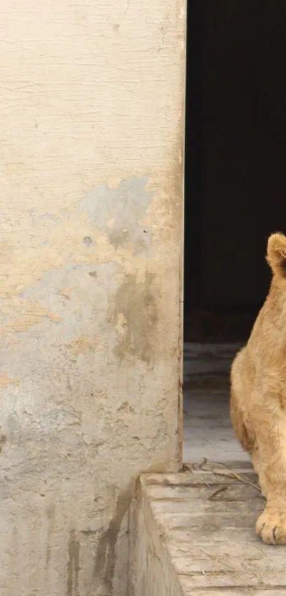 Lion cub sitting in a doorway with a beige wall background.