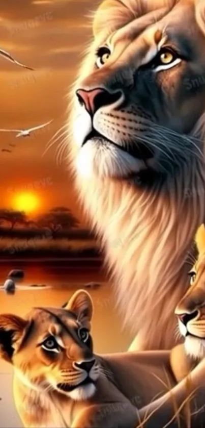 A majestic lion family relaxing at sunset by a lake.