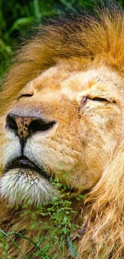 Serene lion in the jungle surrounded by lush green foliage.