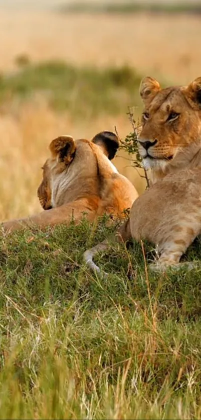 Two lionesses resting in the golden savannah, capturing serene wildlife beauty.