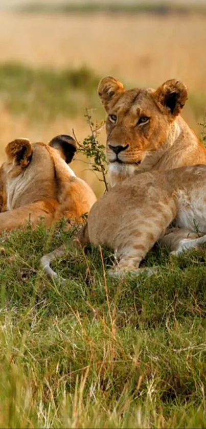 Two lionesses resting in a grassy savannah landscape.