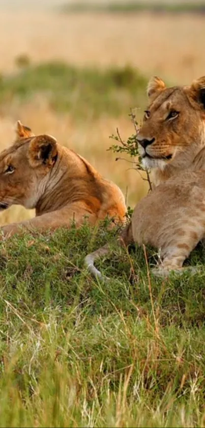 Two lionesses resting in a grassy savannah landscape.