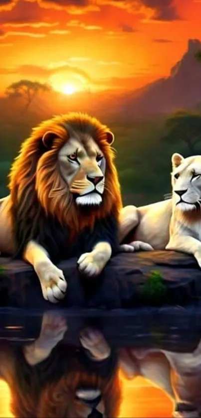 Two lions resting by a serene lake at sunset.
