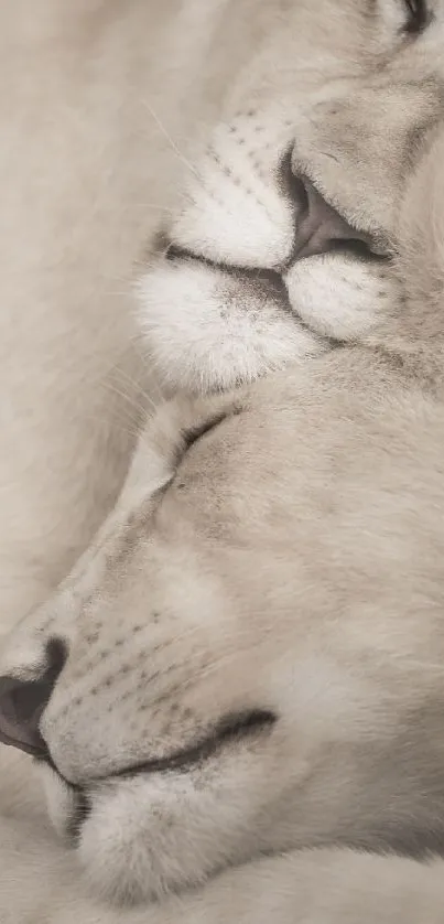 Peaceful embrace of two white lions in a serene, natural setting wallpaper.