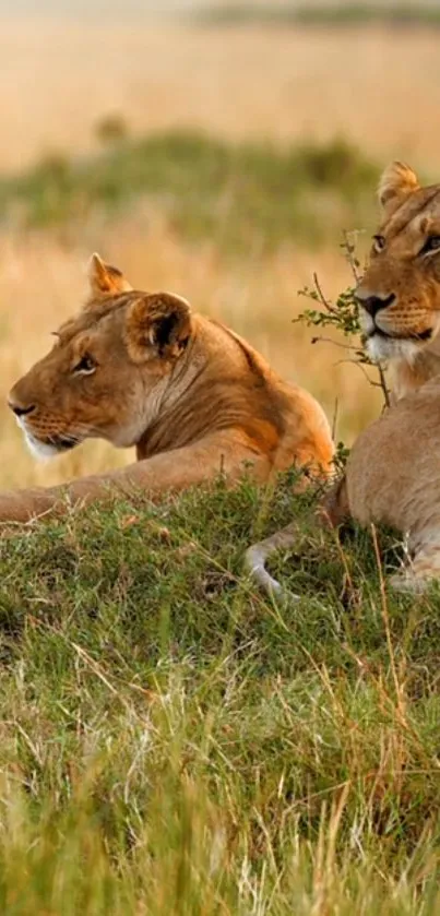 Two lions resting on savanna grass with a golden backdrop.