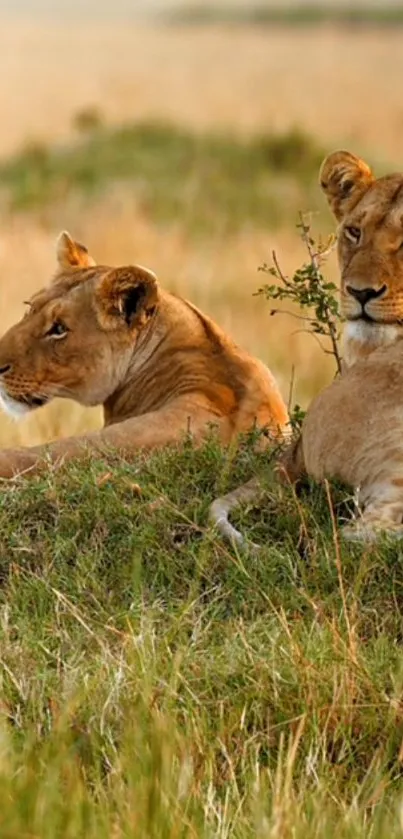 Two lions resting in the African savannah, surrounded by nature.