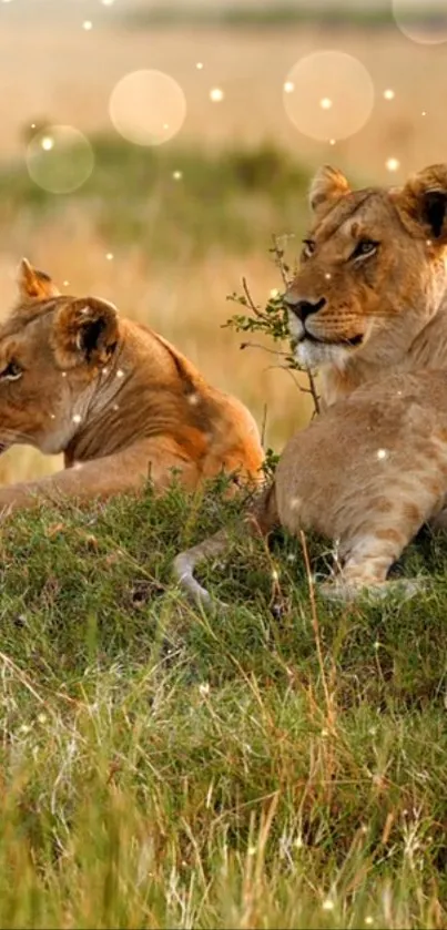 Two lions resting in golden grassland with serene ambiance.