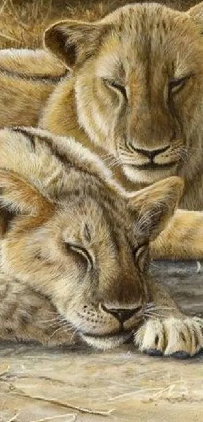 Two lions resting in golden savanna scene.