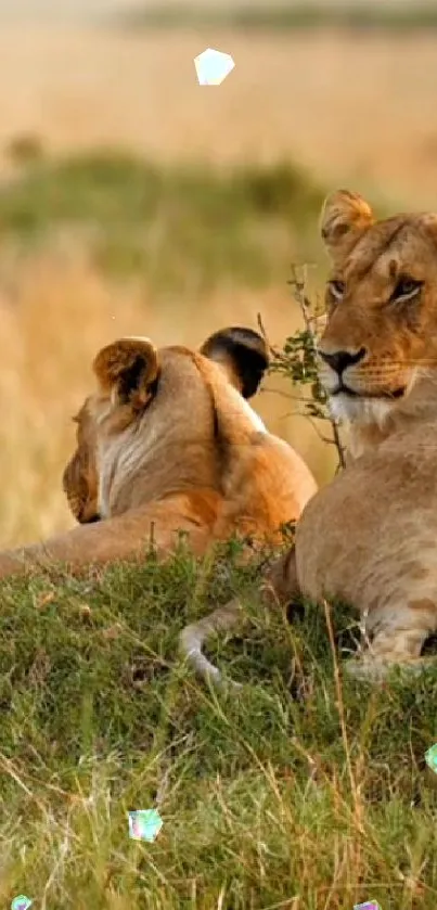 Two lions resting on grass in savannah landscape.