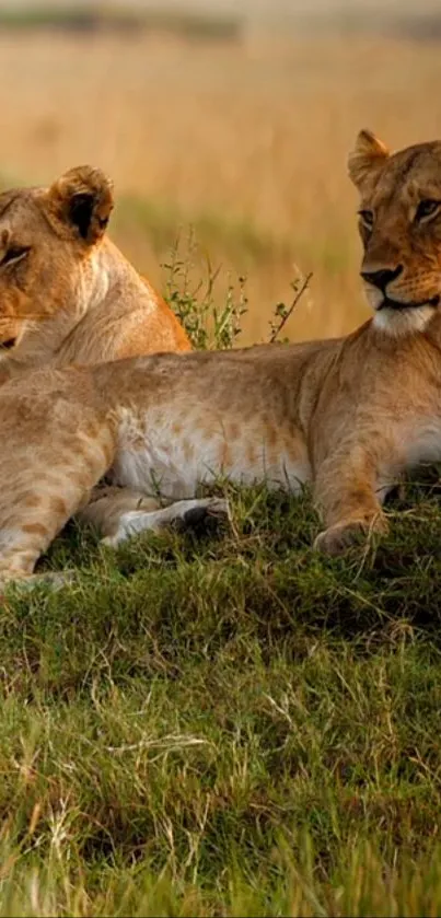 Two lions resting on grass in the golden savanna.