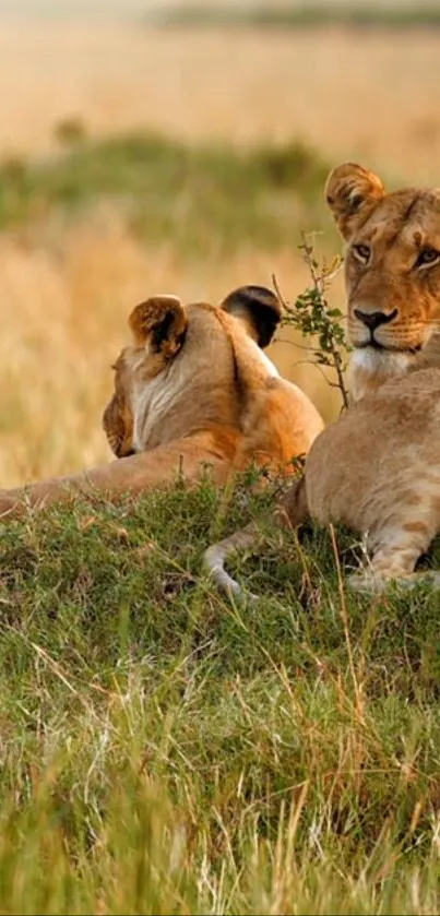 Lions lounging peacefully in golden savannah grass.