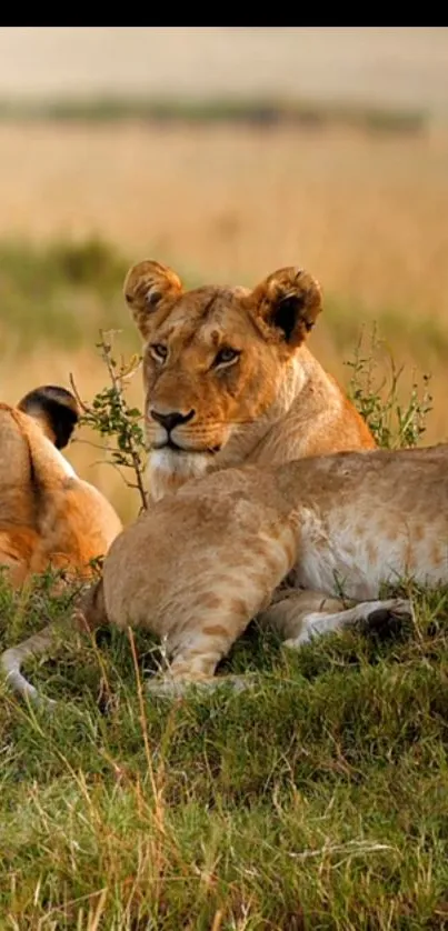 Lions resting in the golden savannah, surrounded by lush grass and serenity.