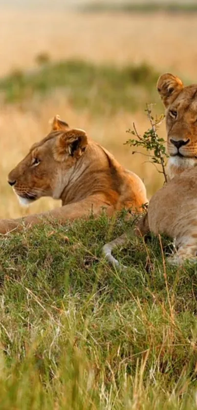 Majestic lions resting in sunlit savannah