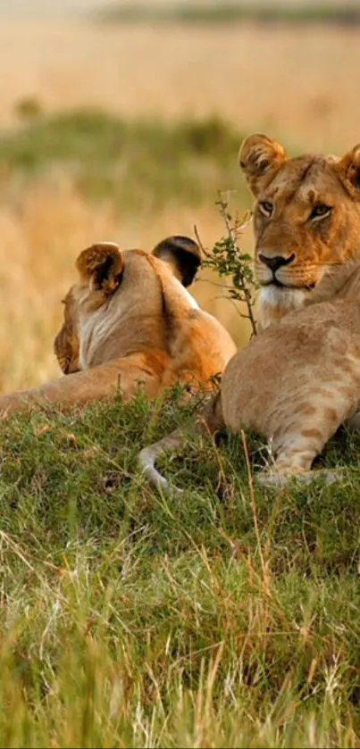 Two lions resting in a grassy savannah, embodying calm and majesty.