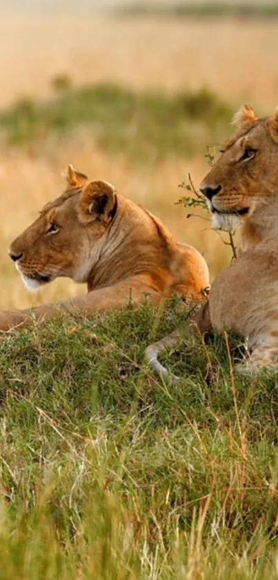 Lions resting in the golden savannah, exhibiting peaceful wildlife scenery.